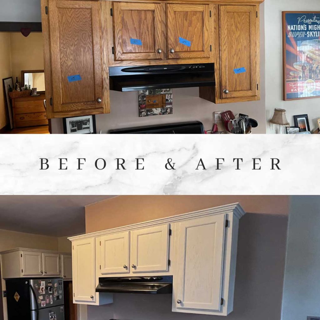 Before and after photos of a kitchen cabinet paint job by Patrick's Painting LLC